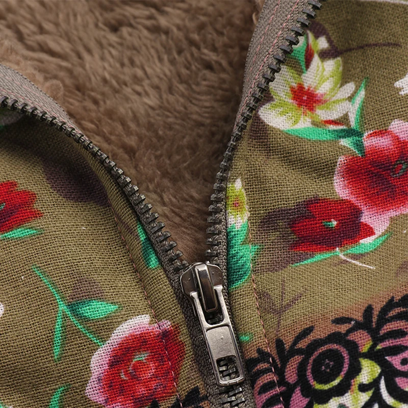Зимняя куртка ZANZEA с капюшоном на молнии и длинным рукавом, Женская Повседневная теплая верхняя одежда из искусственного меха, винтажное пальто с цветочным принтом в стиле пэчворк