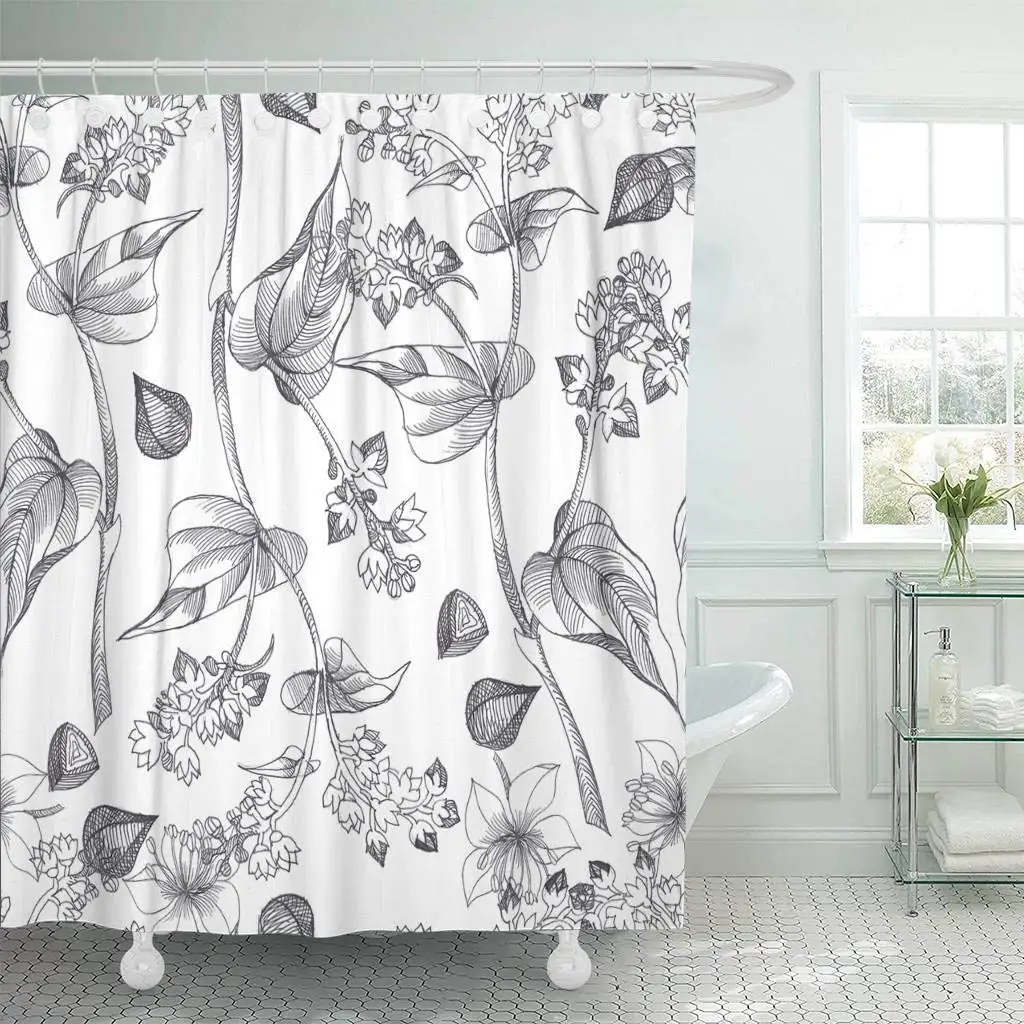 Fabric Shower Curtain with Hooks Botanical Hand Drawing of Buckwheat
