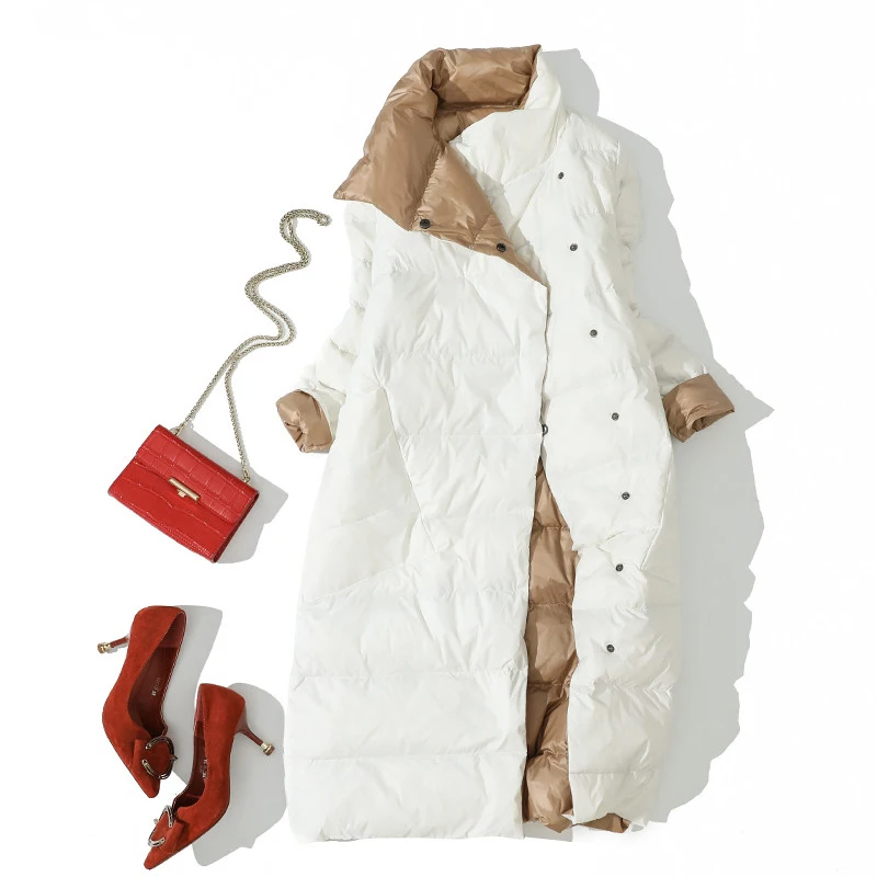 Осенне-зимний женский Двухсторонний пуховик, 90% белый утиный пух, пальто, парки, женские повседневные Модные Длинные пуховики, верхняя одежда
