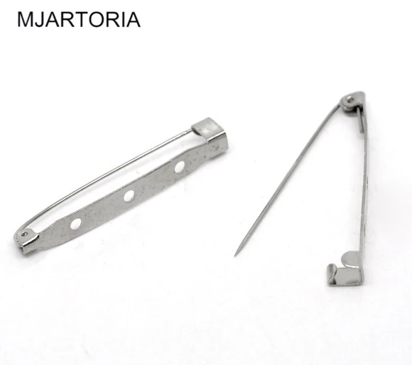 

MJARTORIA 50PCs Bright Silver Tone Brooch 3 Holes Back Bar Pins & Brooches DIY Jewelry Findings 45x5mm Accessories For Jewelry