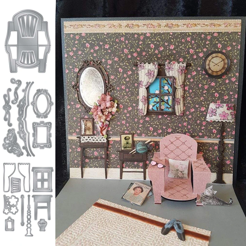 

Bedroom Chair Desk Window Mirror 3D Metal Cutting Dies for Scrapbooking 2019 Paper Craft Embossing Die Card Making Stencils