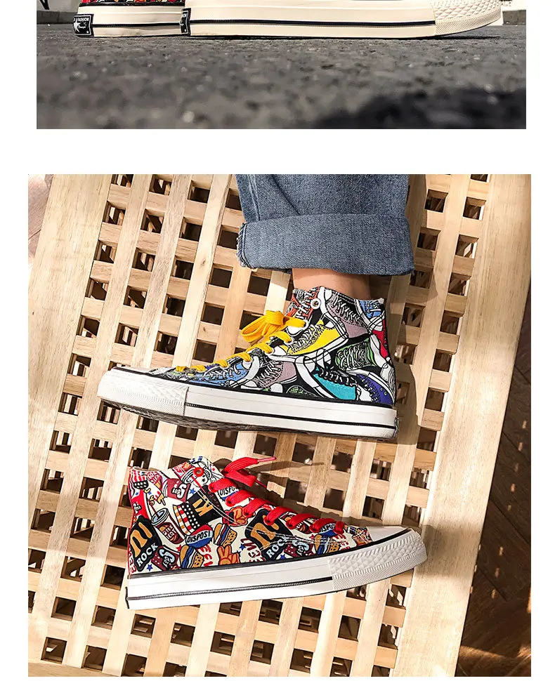 X/Новинка; модная парусиновая обувь на резиновой подошве с принтом вручную; мужские высокие кроссовки с разноцветными граффити; Вулканизированная обувь; Espadrille hombre