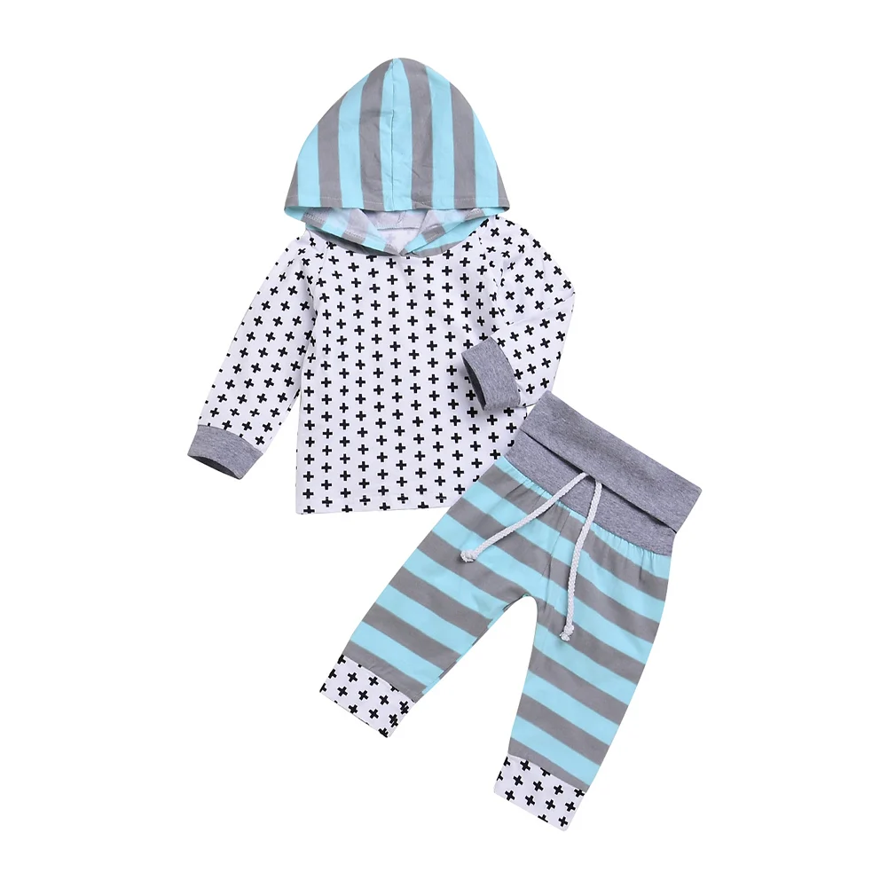 

2 Pcs/Set Autumn Winter Newborn Infant Hoodies Pants Long Sleeve Striped Cross Warm Pullover Trousers For 0-24M Baby 8 9