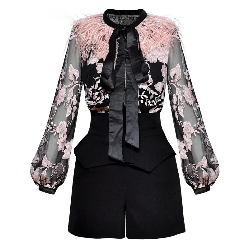 

GoodliShowsi Bow collar Feather lantern Sleeve Mesh Embroidery Vintage Blouse+Shorts Two-piece suit