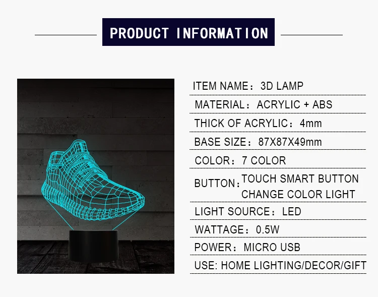 Sport shoes 3d design 7 Colors changing Night Lamp for room decor as great gift for sports lovers athletes friend USB port