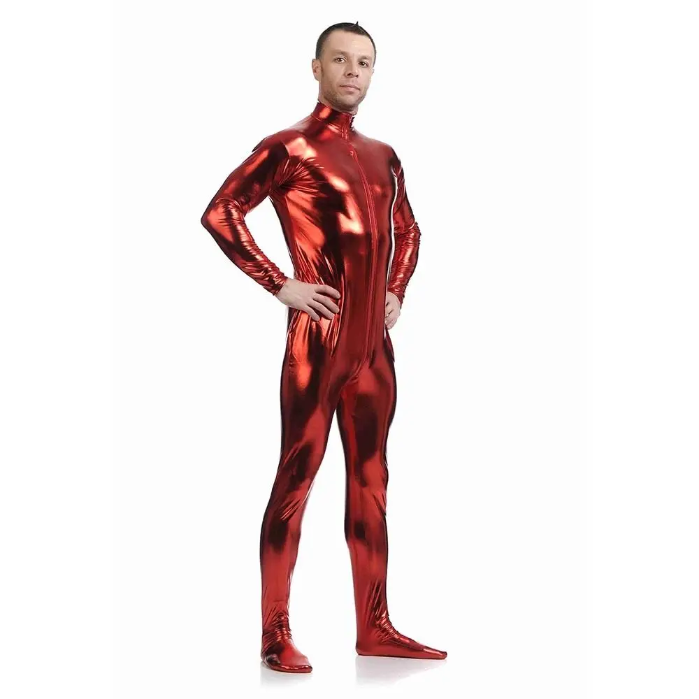 Red Shiny Metallic Lycra Catsuit Zentai Wet Look Bodysuit Unitard Front
