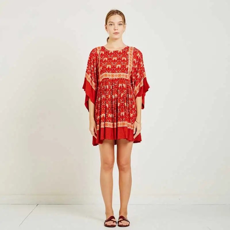 

boho dress 2018 new red floral print rayon kimono sleeve loose summer dresses O-neck mini pleated bohemian chic women dresses