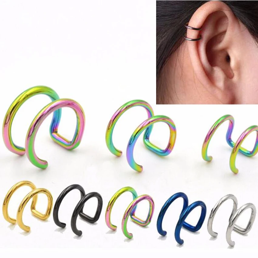 

2 Pieces Clip On Wrap Earring Tragus Stainless Steel 2 Rings Ear Cuff Clip Women Men Fake Body Piercing Jewelry