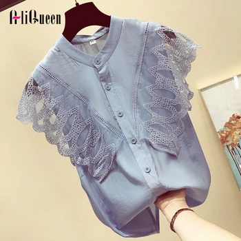 

2019 Summer Women Tops and Blouses Sweety Lace Shirts White Lace Stitching Cotton Kawaii Students Girls Basic Tops Ladies Tops