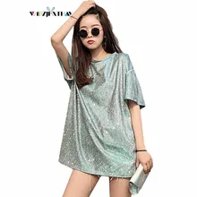 Женские футболки новые летние модные Лоскутные блестки с коротким рукавом футболки женские темпераментные Свободные топы для отдыха JXT622