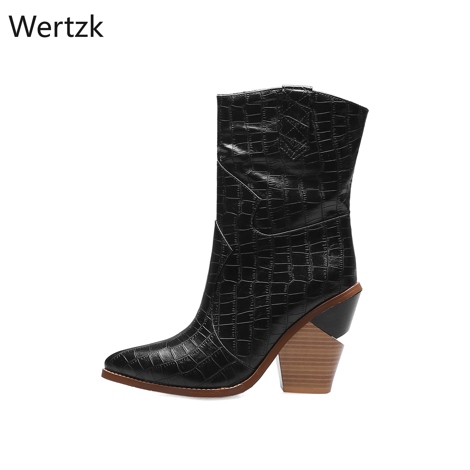 

Fashion Embossed Microfiber Leather Women's Ankle Boots Pointed Toe Western Cowboy Boots Women Wedges Riding Runway Boots A228