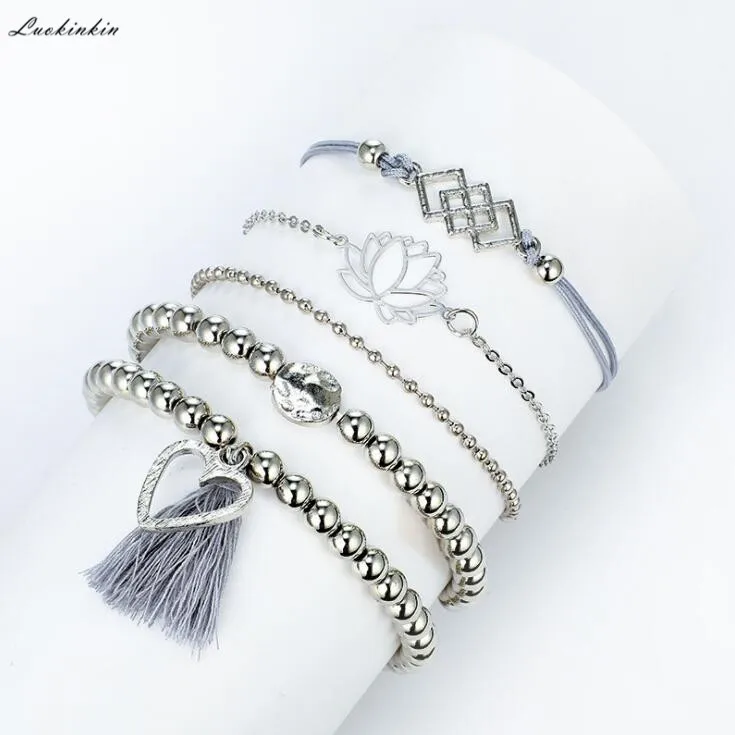 

handwear euro-american characteristic lotus square love ball alloy women silver charm bracelet new 2019,five piece/set
