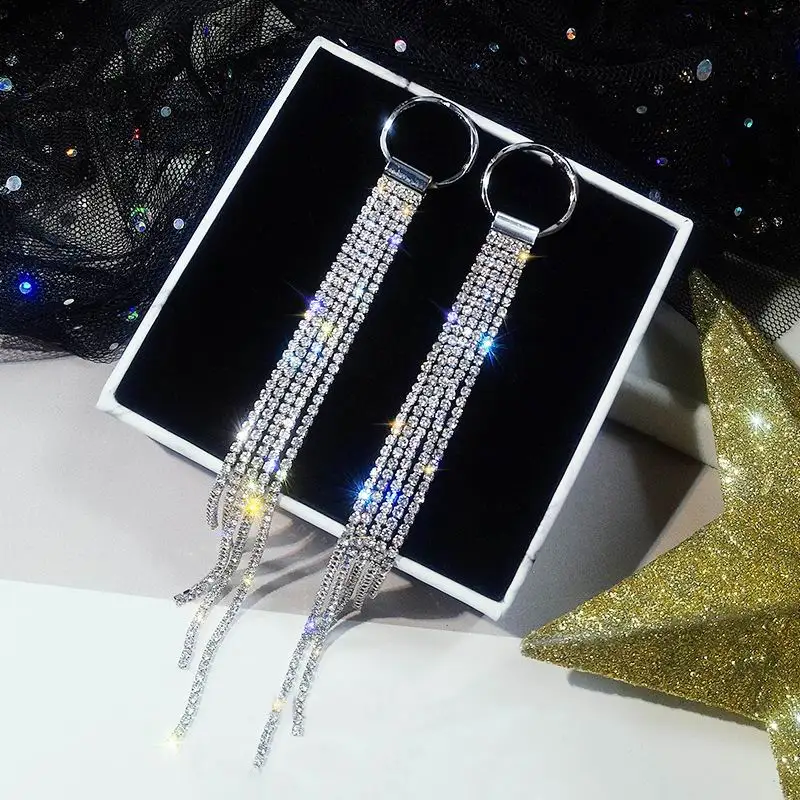 Массивные серьги с кисточками со стразами для женщин, корейские длинные серьги с камнями золотого цвета, вечерние ювелирные изделия, новинка, бижутерия, подарок - Окраска металла: silver color