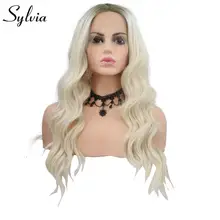 Sylvia Длинный Темно-Волнистый платиновый блонд синтетический кружевной передний парик Средний для женщин термостойкий Омбре парик для студенческой вечеринки