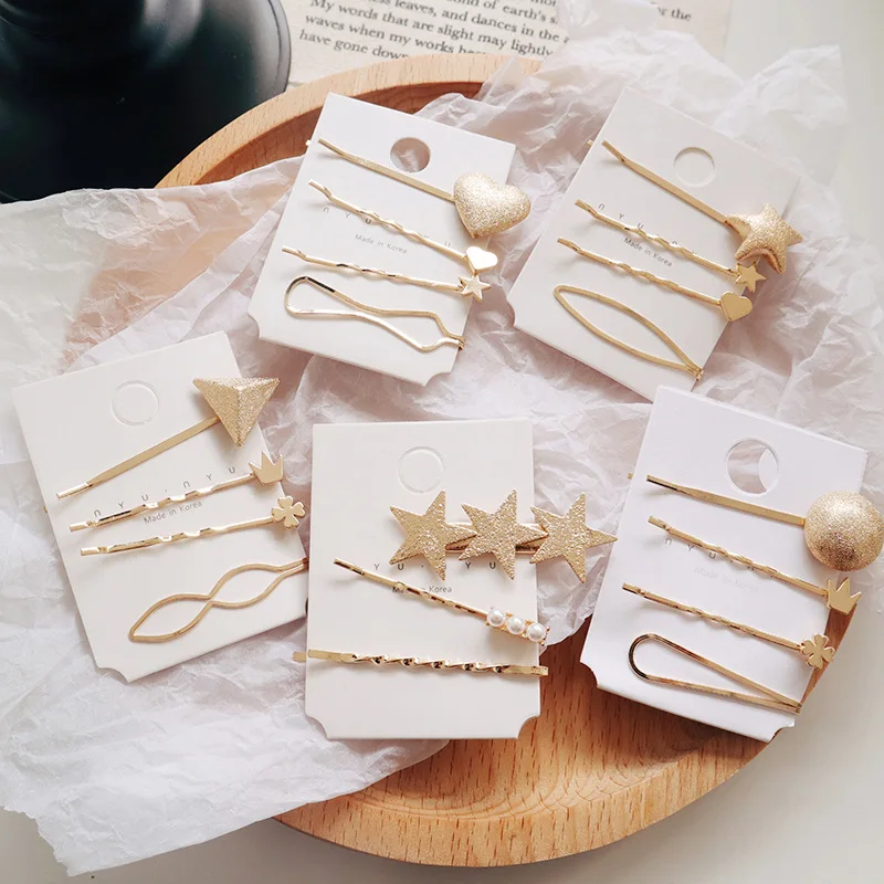 

4Pcs/set Korea Geometric Irregular Hairpins Round Pentagram Love Heart Hairclips Imitation Pearl Hairgrip Metal Hair Accessorie