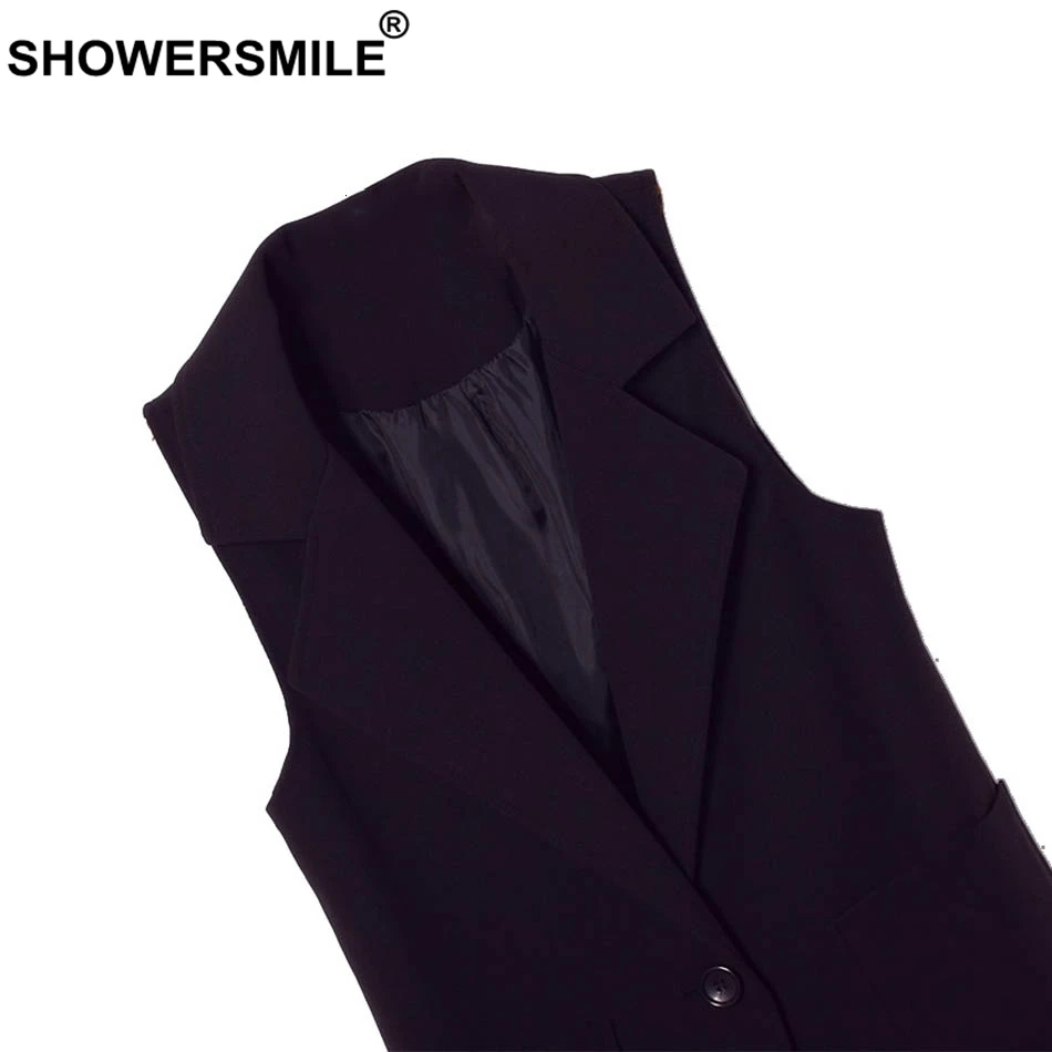 SHOWERSMILE Black Long Waistcoat Women Spring Office Uniform Vest Regular Fit Gilet with Pockets Formal Sleeveless Jacket