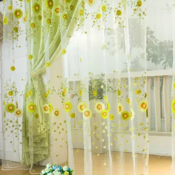 

New Pastoral Sunflower Tulle Voile Window Curtain Drape Panel Sheer Scarfs Valances Window Scarfs 1PCS Home Textile