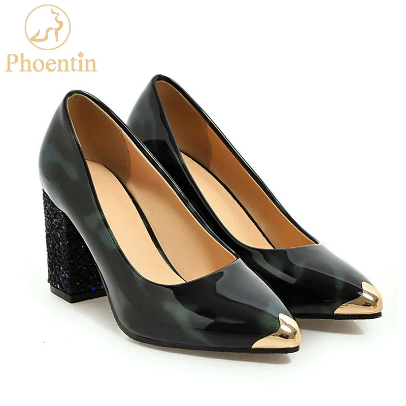 

Phoentin slip on women's high-heeled shoes metal pointed shining patent leather heels shallow ladies work shoes mix color FT311