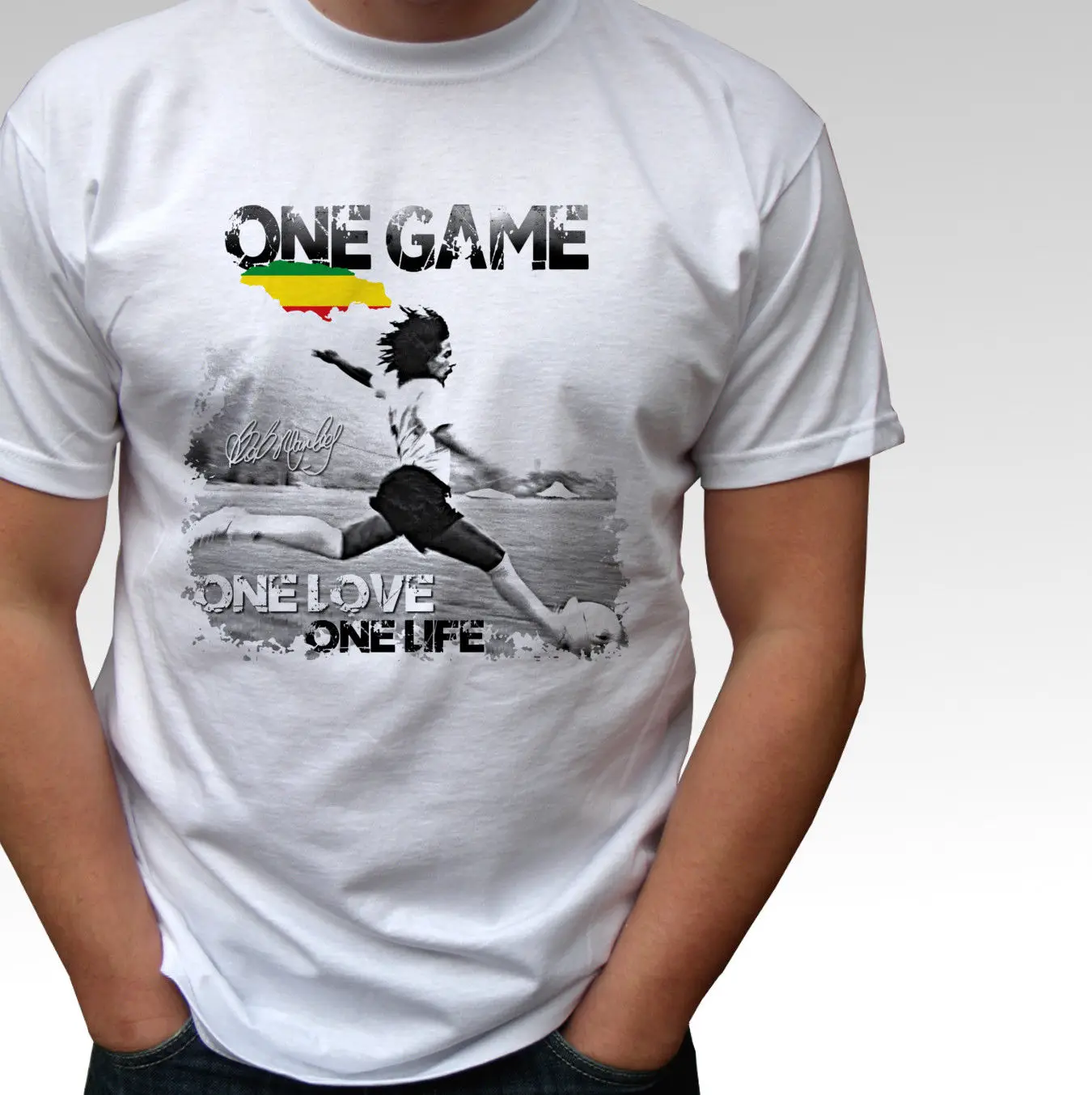 Bob Marley One Permainan Putih T Shirt Rasta Reggae Soccering Top