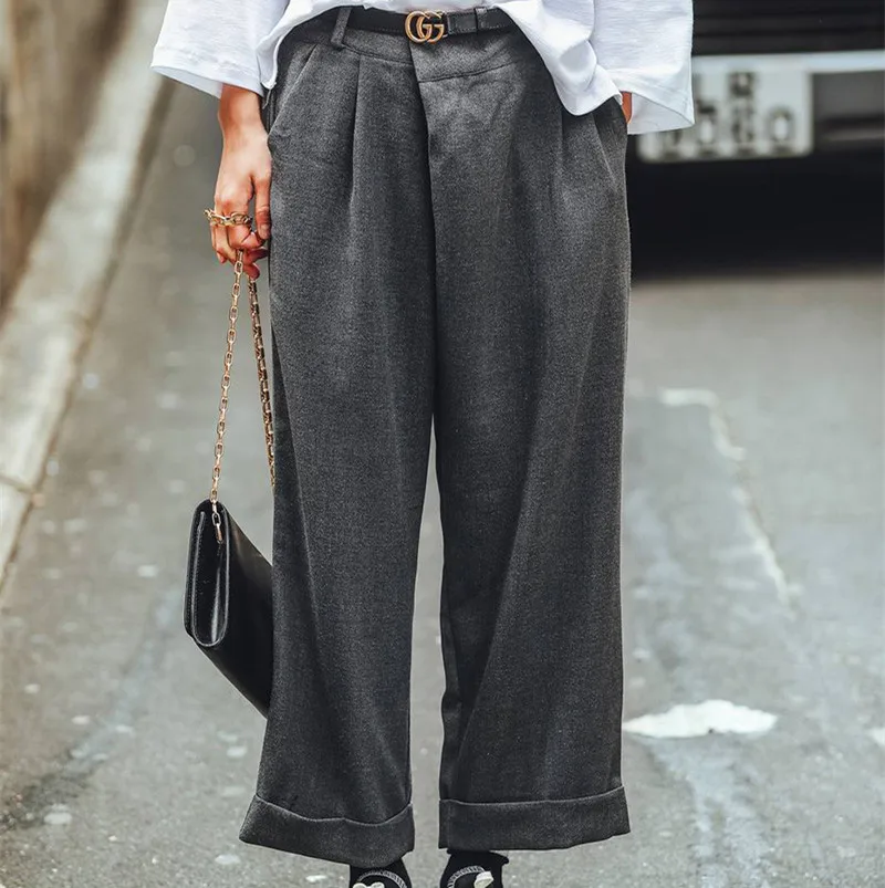 Cakucool New Design Fashion Women Spring Solid Grey Normcore Wide leg