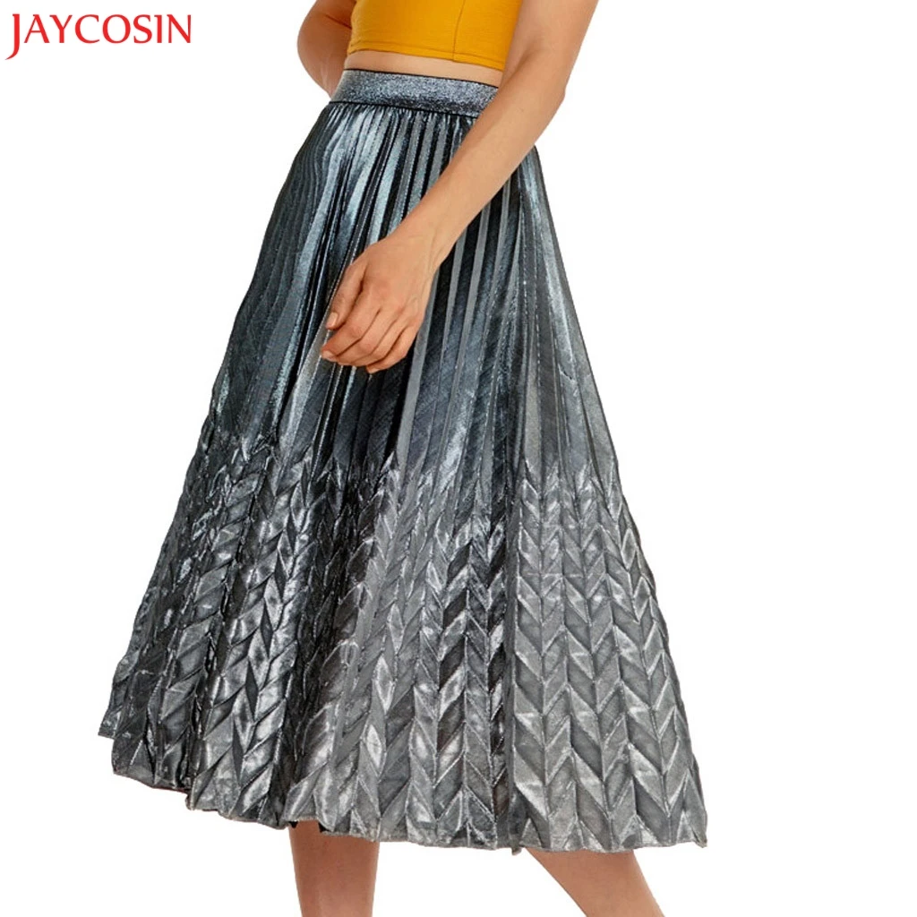 JAYCOSIN, летние женские сексуальные юбки, Женская однотонная плиссированная юбка средней длины с высокой талией, золотистого и серебристого цвета, z0405
