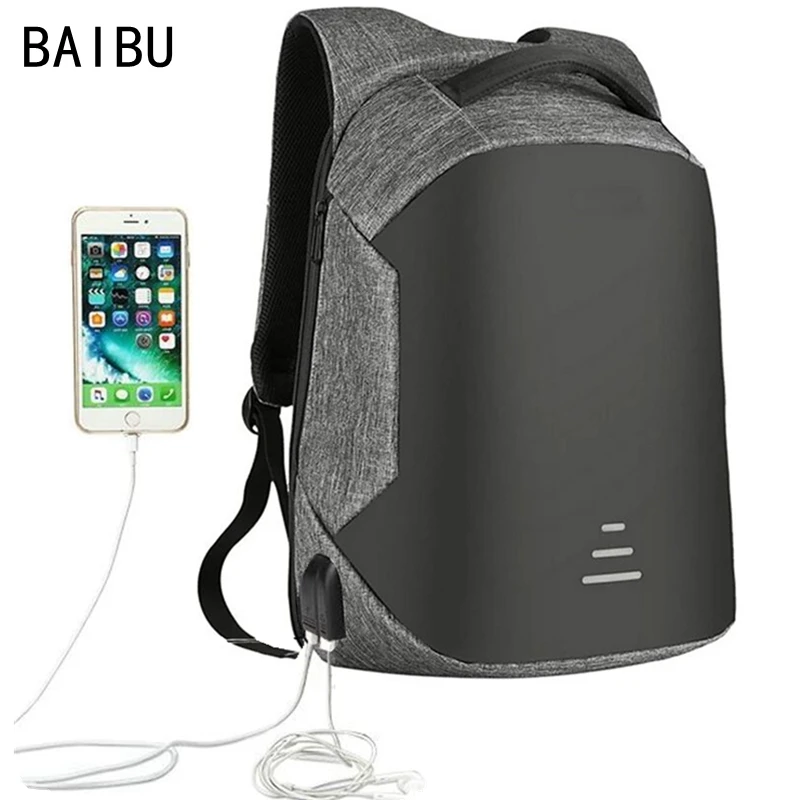 BAIBU الرجال حقيبة USB شحن ظهره سماعة التوصيل مكافحة سرقة 15.6 \