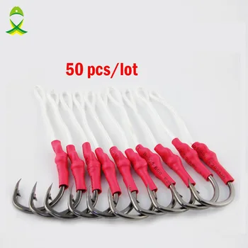 JSM 50pcs/lot Stainless Steel Fishing Hook With PE Line Fly Tying Jig Assist Bait Fish hooks Carp Fishing hooks size 1/0-10/0 high quality fly tying vise with c clamp black handle steel stainless hard jaws rotary accessories fly fishing tying vice tool