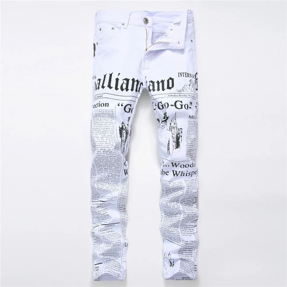 Cowboys Young Man fashion white jeans men jeans 2018 autumn Denim Pants Classic Newspaper letter printed casual slim trousers
