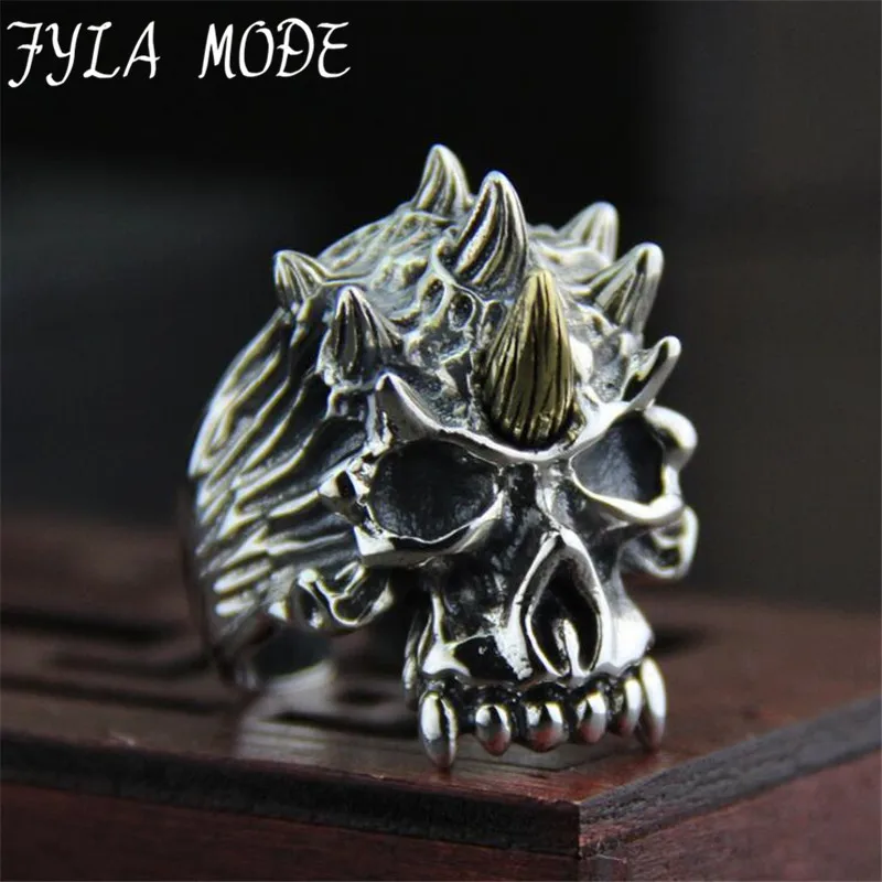 

HIP Punk Gothic 100% S925 Sterling Silver Casting Evil Damn Skull Vampire Goat Ring for Men Jewelry 27.40mm Width 22.90G PBG035