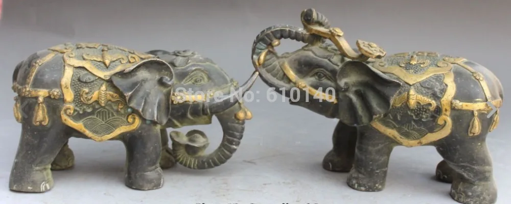 

9" Chinese Bronze Gilt Auspicious Fu Bat Elephant Heffalump Ru Yi Statue Pair