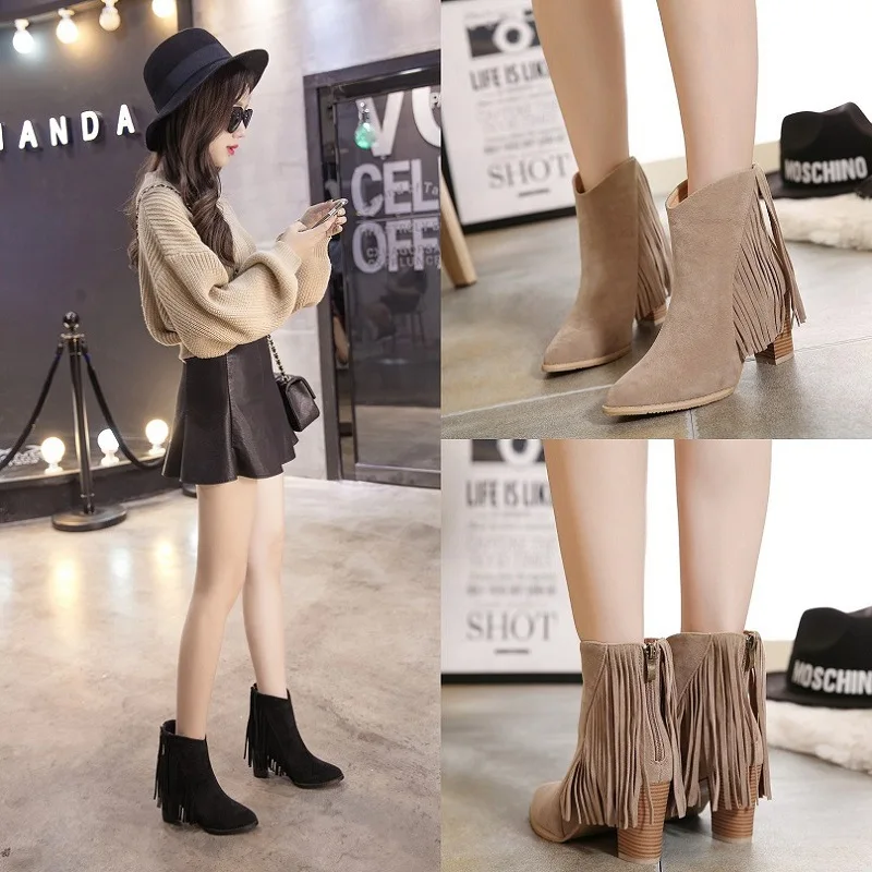 De Zapatos Botas Zip Cuadrado Punta Negro Tacón Chelsea Fringe Rebaño Moda amarillo Mujeres Más Otoño Las Tamaño Retro Alta Madura wqXa5A