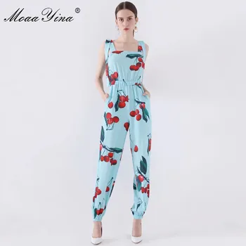

MoaaYina Spring Summer Designer Jumpsuits Women's Spaghetti Strap Fruit Floral-Print Slim Elegant Jumpsuits