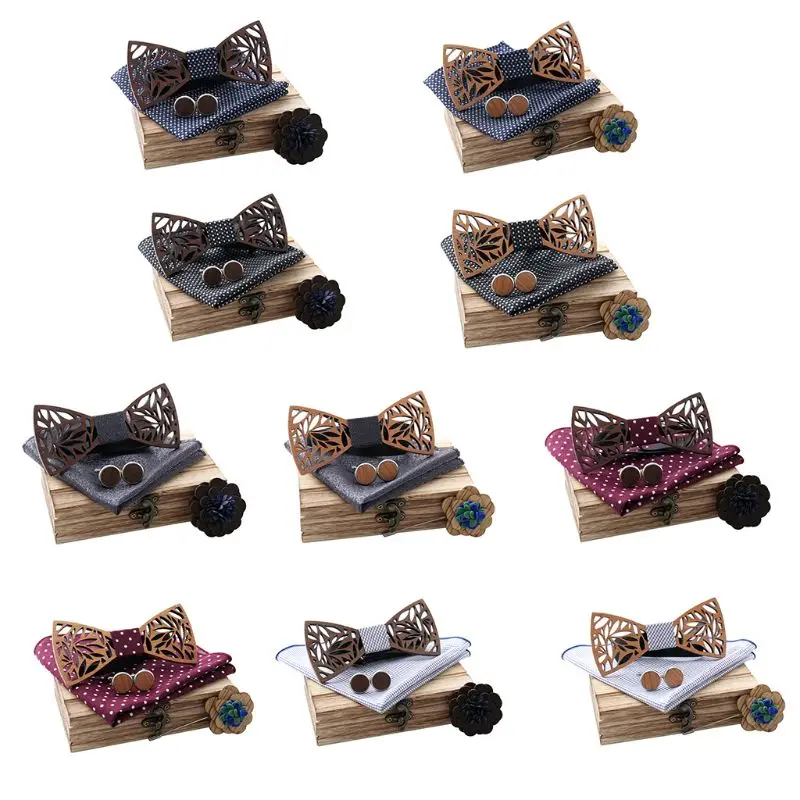  Novelty Wooden Bow Tie Handkerchief Set Corsage Men Bowtie Black Walnut Cherry Wood Hollow Carved T