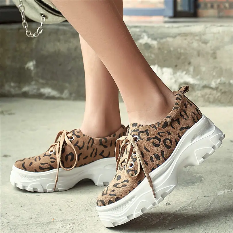 

NAYIDUYUN Tennis Shoes Women Leopard Genuine Leather High Heel Ankle Boots Wedges Platform Punk Pumps Shoes Casual Oxfords