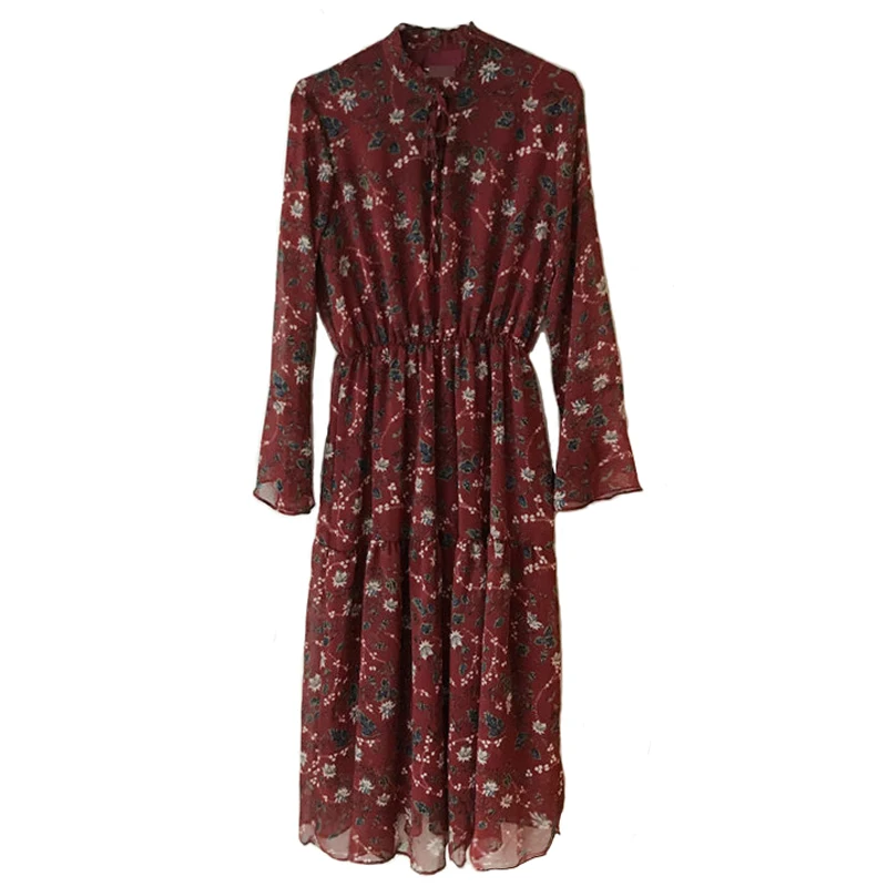 

Autumn Korean Vintage Style Floral Print Women Bandage Dress Japanese Vintage Chiffon Long Dresses Ladies Elegant Bohemian Dress