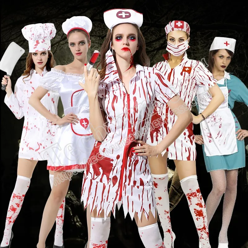 Adult Halloween costumes Horror chef with blood Bloody female doctor...