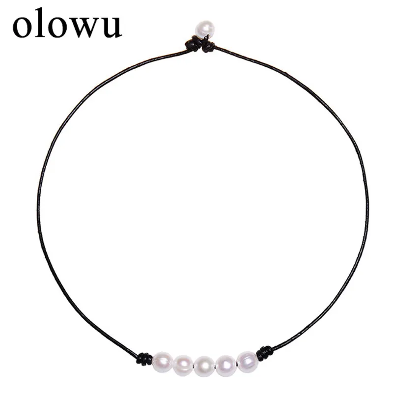 Olowu настоящий жемчуг колье ожерелье женский Рождественский подарок натуральный пресноводный жемчуг ожерелья и подвески драгоценный камень кожаный шнур ожерелье - Окраска металла: Necklace