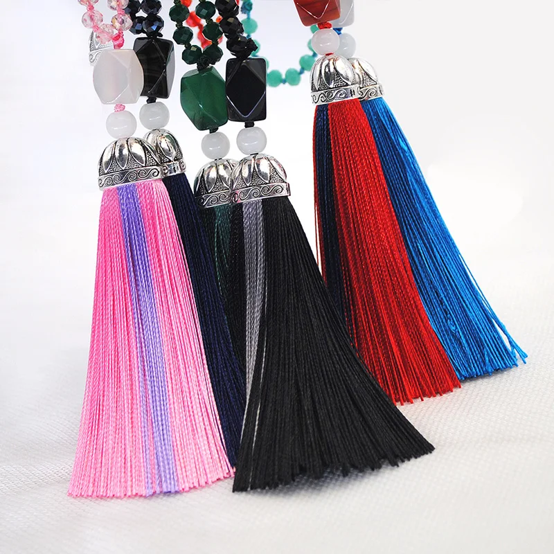 Natural Stone Mala Necklace 6 Colors Green Silk Tassel Crystal Bead Tibetan Silver Long Beaded Tassel Necklaces Women Gifts Natural Stone Mala Necklace 6 Colors Green Silk Tassel Crystal Bead Tibetan Silver Long Beaded Tassel Necklaces Women Gifts