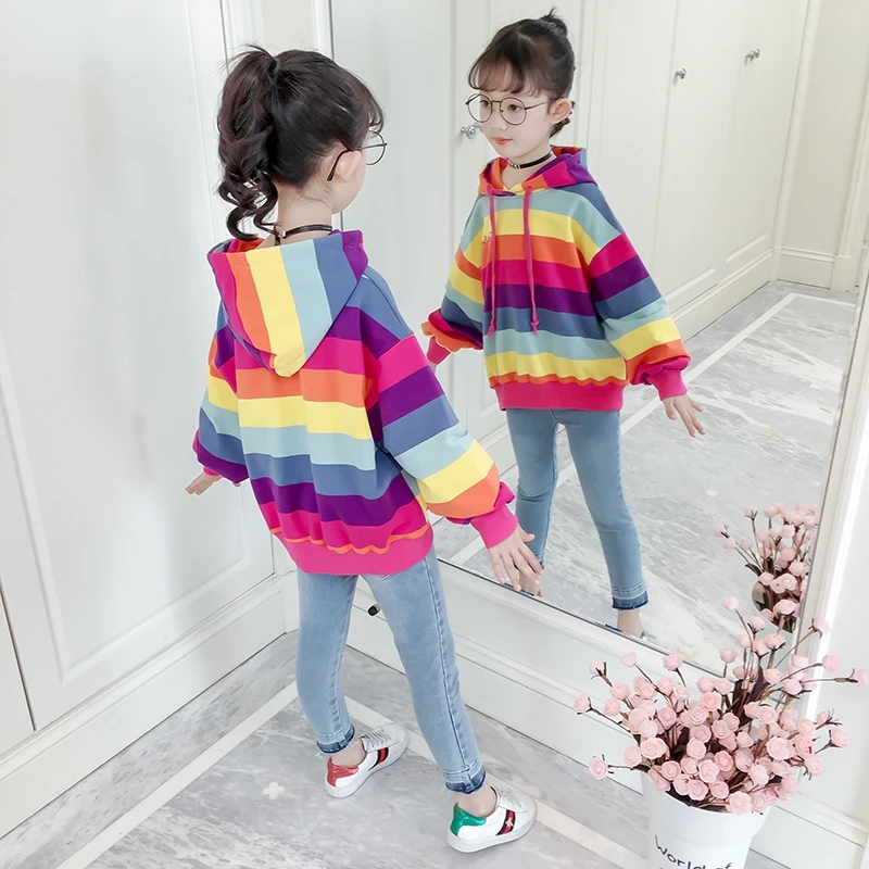 

2019 Kids Hoodies For Girls Clothings Rainbow Sweatshirts Children's Colorful Striped T-shirts Long Sleeve Girls Bottoming Shirt