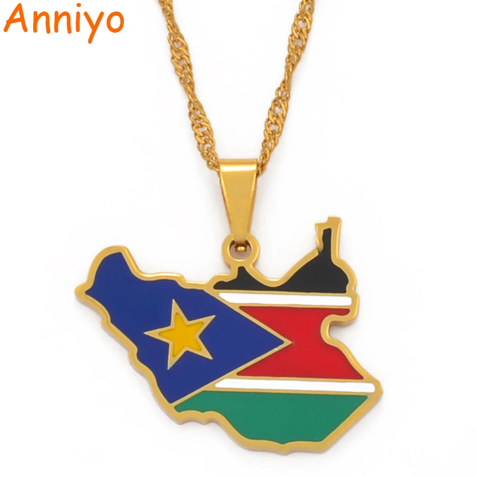 

Anniyo The Republic of South Sudan Map Flag Pendant Necklaces Gold Color Jewelry South Sudanese Maps Ethnic Gifts #098721