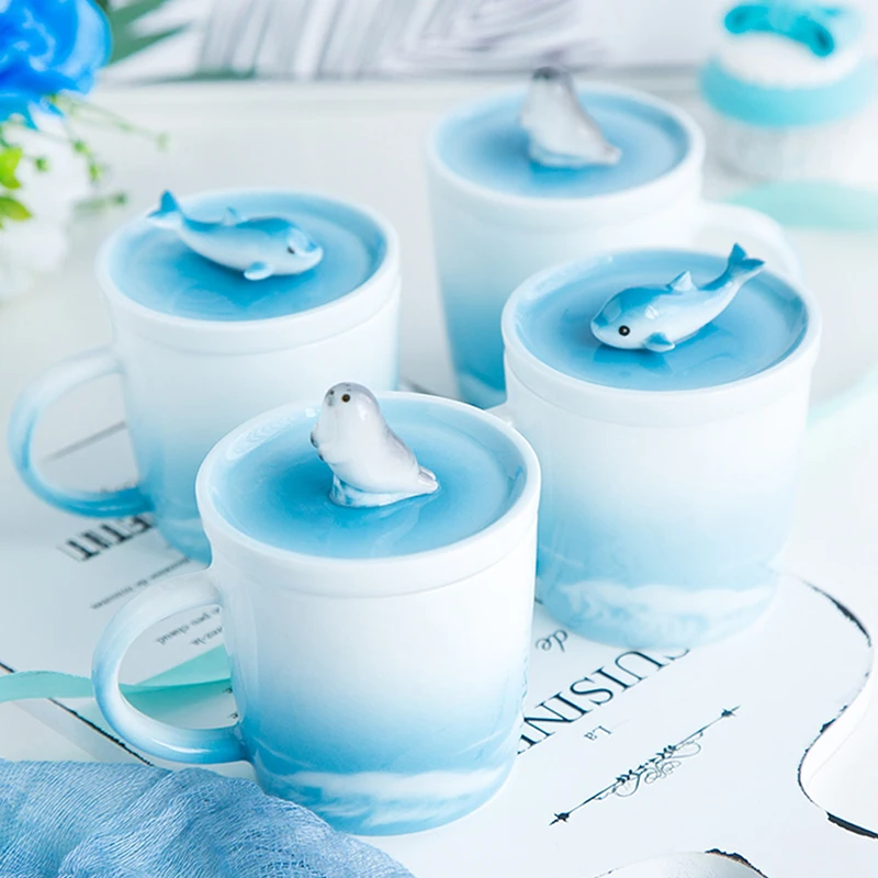 

Handmade Ceramic Ocean Tea Cup Animal Lid Shape Milk Mug Blue Plate Drinkware Lovely Dolphin Cup Water Cup Drinkware Set