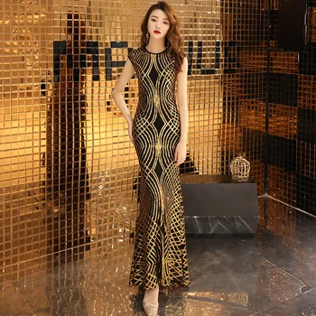 

Gold Sequined Mermaid Evening Dresses See Through O Neck 2020 New Arrival Floor Length Long Party Dresses for Women LF186