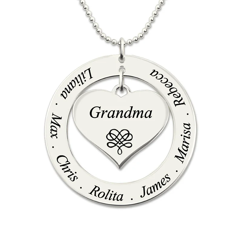 Wholesale Engraved Love Heart Necklace Circle Pendant Necklace for Grandma Family Name Jewelry Sterling Silver