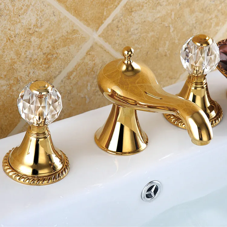 

Free ship Bathroom 3 Pcs widespread Lavatory Sink faucet crystal handles mixer tap Gold color Deck Mounted Luxury