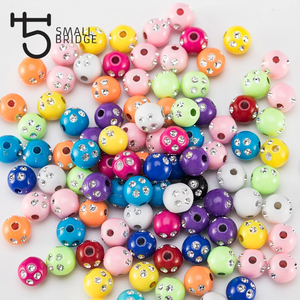 

100pcs 8mm Mix Color Plastic Acrylic Beads For Bracelet Making Women Diy Perles With Rhinestone Round Spacer Bead Wholesale Q002
