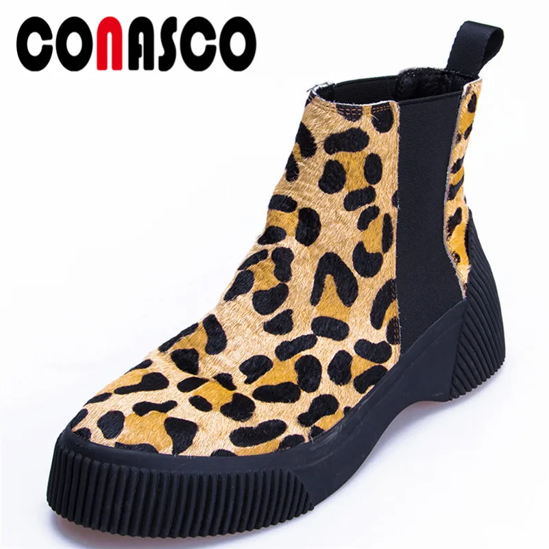 

CONASCO Fashion Women Round Toe Horse Hair Ankle Boots Autumn Winter Warm Quality High Heels Shoes Woman Animal Prints Boots