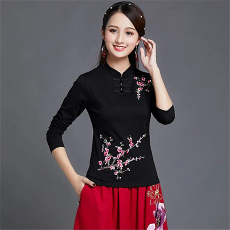 Camisetas Mujer Весна Новинка плюс размер 5XL футболка Женские винтажные вышивки цветочные стенд с длинным рукавом Элегантный Harajuku этнический - Цвет: 7704-black