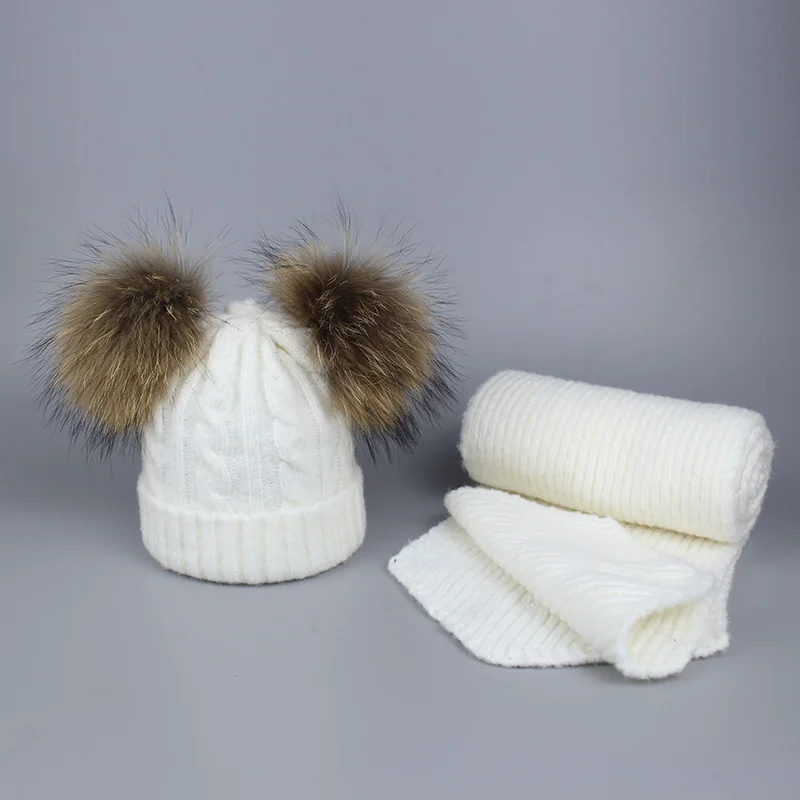 Осенне-зимняя детская шапка, вязаная норковая шапка и шарф, комплект с двумя помпонами из натурального меха, детская шапка, Балаклава, маска с черепом, Bone Gorro - Цвет: Child White 2 balls