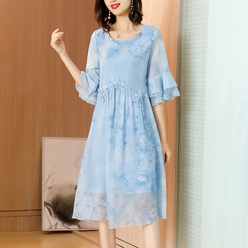 

Light Blue Chiffon Dress Plus Size Large Party Dresses Lace Ruffles Midi Loose Print Floral Midi Robe 2019 Summer Clothing