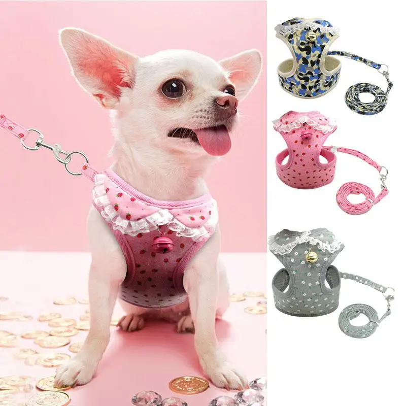 

TPFOCUS Soft Breathable Mesh Pet Harness Leash Set with Bell Cute Lace Puppy Vest Traction Rope for Small Medium Dogs Cats